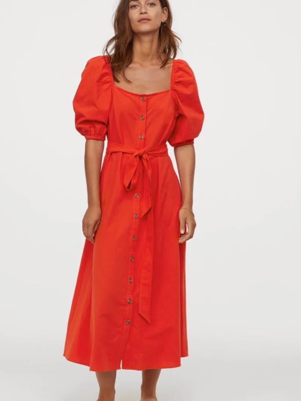 H&M Coral-Red Button-Front Midi Dress with Tie Waist